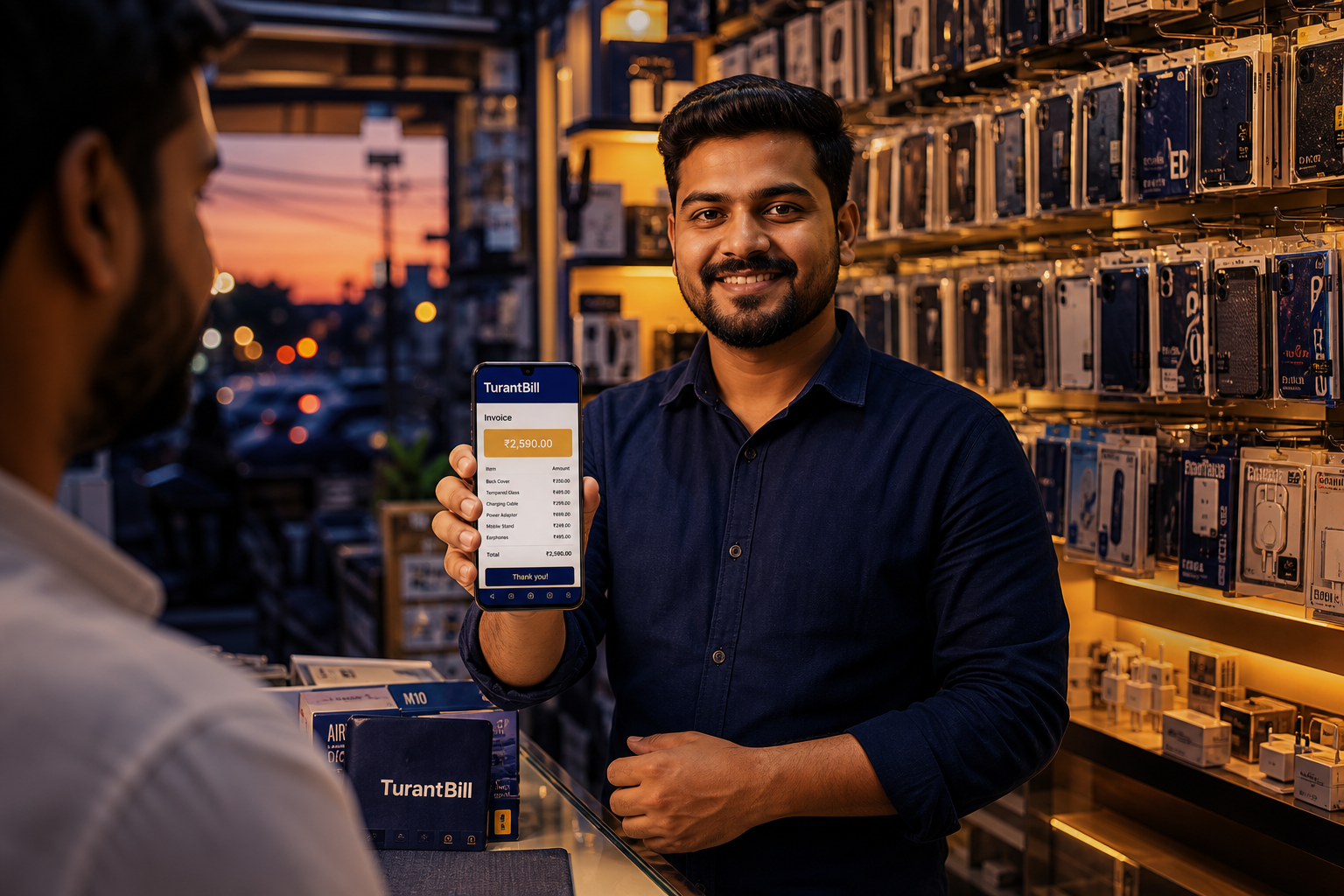 Accessories counter with TurantBill invoice on phone