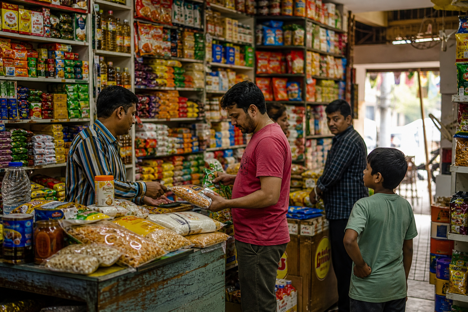 Kirana shop shelves packed with groceries